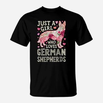 Just A Girl Who Loves German Shepherds Dog Silhouette Flower T-Shirt | Crazezy UK