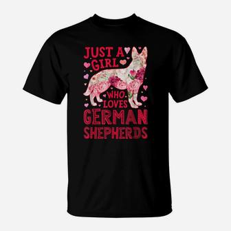 Just A Girl Who Loves German Shepherds Dog Silhouette Flower T-Shirt | Crazezy