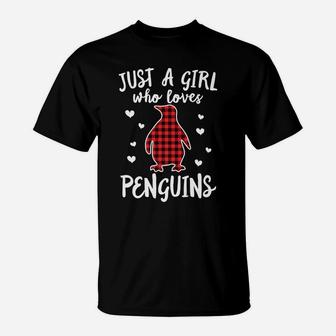 Just A Girl Who Loves Penguins Buffalo Plaid Christmas Gift T-Shirt | Crazezy