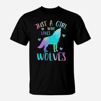 Just A Girl Who Loves Wolves Watercolor Cute Wolf Lover Gift T-Shirt | Crazezy