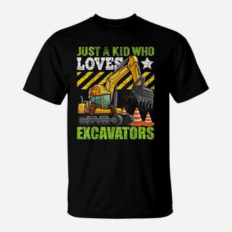 Just A Kid Who Loves Excavators Construction Vehicle Boys T-Shirt | Crazezy