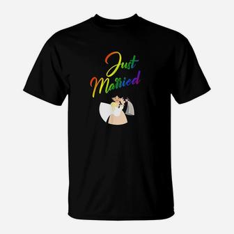 Just Married Double Bride Couple Rainbow Color Print T-Shirt | Crazezy
