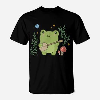 Kawaii Cute Frog Banjo Butterfly - Cottagecore Aesthetic T-Shirt | Crazezy
