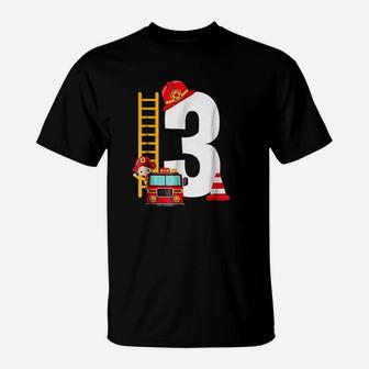 Kids 3Rd Birthday Party Fire Truck T-Shirt | Crazezy