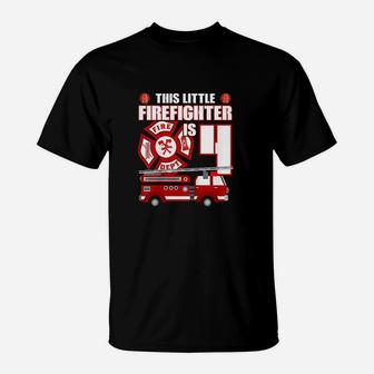 Kids 4 Year Old Firefighter Birthday Party Fire Truck 4Th Gift T-Shirt | Crazezy UK