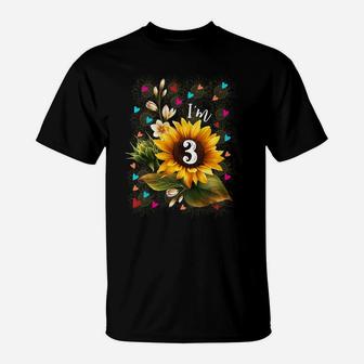 Kids Cute Girl 3Rd Birthday Sunflower 3 Year Old Flower Party T-Shirt | Crazezy UK