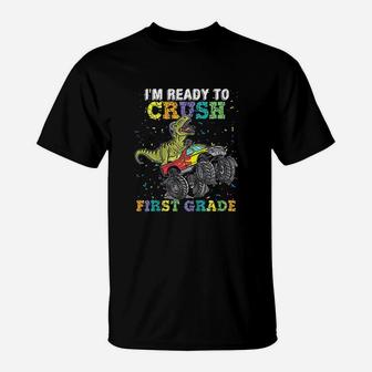 Kids I Am Ready To Crush First Grade Monster Truck Dinosaur Boys T-Shirt | Crazezy