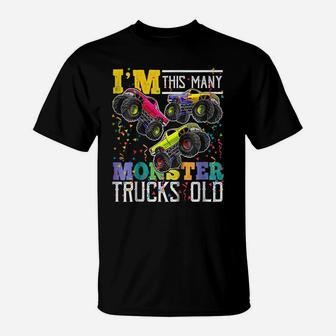 Kids I'm This Many Monster Trucks Old 3Rd Birthday Shirt Boy Gift T-Shirt | Crazezy CA