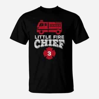 Kids Little Fire Chief 3 Truck 3Rd Birthday Firefighter Boys Gift T-Shirt | Crazezy