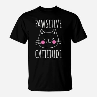 Kids Pawsitive Cattitude Funny Cat Mom Cat Lover Toddler Girls T-Shirt | Crazezy
