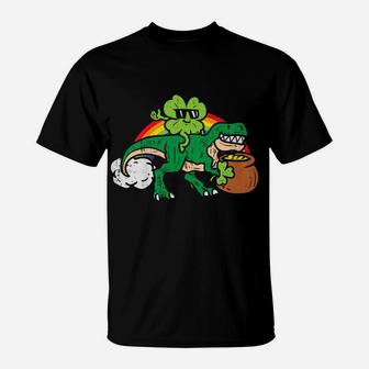 Kids Shamrock T-Rex Dino Rainbow Clover St Patrick Day Boys Gift T-Shirt | Crazezy