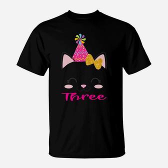 Kids Three 3 Year Old 3Rd Birthday Shirt Girl Kitty Cat Theme T-Shirt | Crazezy