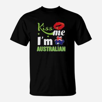 Kiss Me I'm Australian St Patrick Day Shamrock Clover Flag T-Shirt - Monsterry DE