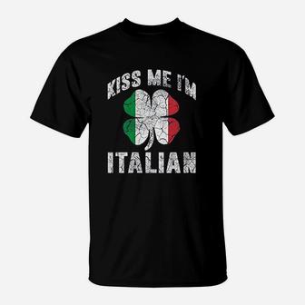 Kiss Me Im Italian Vintage Green Shamrock St Patricks Day T-Shirt | Crazezy