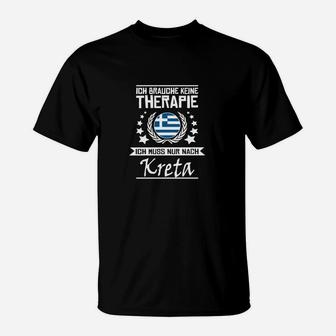 Kreta Therapie T-Shirt Schwarz mit Spruch & Griechischer Flagge - Seseable