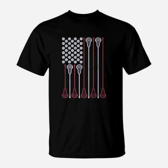 Lacrosse Stick American Flag Lax Player T-Shirt | Crazezy