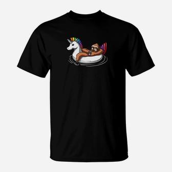 Lazy Sloth Riding Unicorn Float Pool Funny T-Shirt - Thegiftio UK
