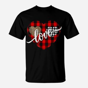 Leopard Buffalo Plaid Love Valentines Day Hearts T-Shirt - Monsterry DE