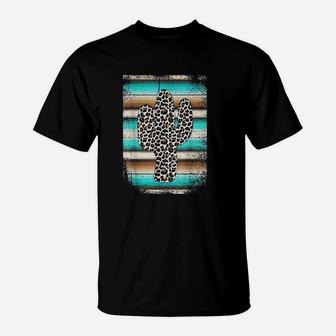 Leopard Cactus Serape Cactus Print Turquoise Brown T-Shirt | Crazezy