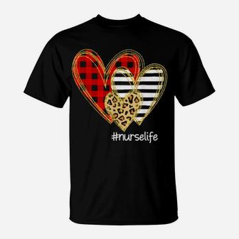 Leopard Red Plaid Striped Hearts Nurse Life Valentine's Day T-Shirt - Monsterry AU