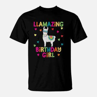 Llama Birthday Party Llamazing Girl Rainbow T-Shirt | Crazezy