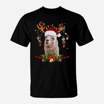 Llama Reindeer Christmas Lights Funny Llama Xmas Gift T-Shirt | Crazezy