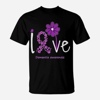 Love Dementia Awareness, Purple-Ribbon Flower Design Tee T-Shirt | Crazezy