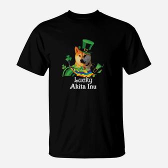 Lucky Akita Inu Dog Leprechaun Shamrock St Patrick Day Happy T-Shirt - Monsterry