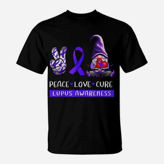 Lupus Awareness Peace Love Cure Purple Ribbon Gnome Womens T-Shirt | Crazezy CA