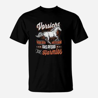 Lustiges Reiter-Shirt: Vorsicht vor der Reiterin, Das Pferd ist Harmlos - Seseable
