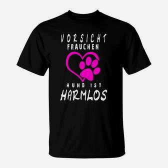 Lustiges T-Shirt für Hundebesitzer, Vorsicht Frauchen, Harmloser Hund - Seseable