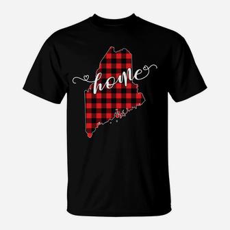 Maine Me State Outline Home Christmas Red Buffalo Plaid Gift T-Shirt | Crazezy UK