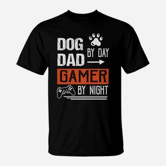 Men's Dog Dad By Day Gamer By Night - Fathers Day Gamer Dad T-Shirt | Crazezy
