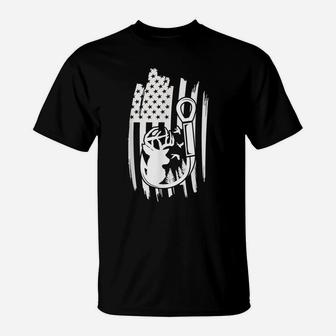 Mens Hunting Deer Fishing Gifts Usa Flag American Themed Decor T-Shirt | Crazezy
