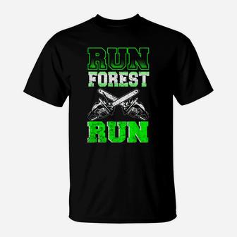 Mens Run Forest Run - Funny Lumberjack Chainsaw T-Shirt | Crazezy