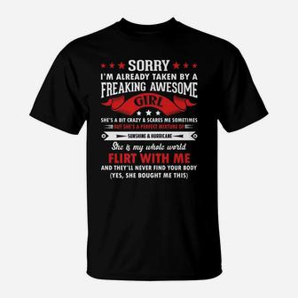 Mens Sorry I'm Already Taken By Freaking Awesome Girl Funny T-Shirt | Crazezy