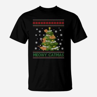 Meowy Catmas Christmas Tree Merry Xmas Cat Lovers Sweatshirt T-Shirt | Crazezy