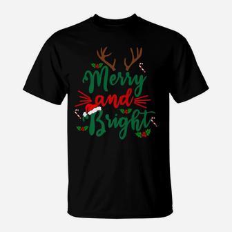 Merry And Bright Christmas Lights Reindeer Funny Gifts Xmas T-Shirt | Crazezy