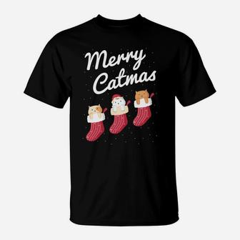 Merry Catmas Christmas Cats In Socks Kitty Cat Lover Gift T-Shirt | Crazezy