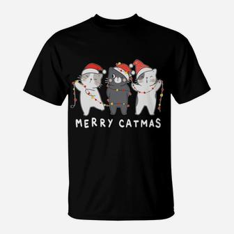 Merry Catmas Meowy Cutes Three Cat Santa Hat Christmas Sweatshirt T-Shirt | Crazezy UK