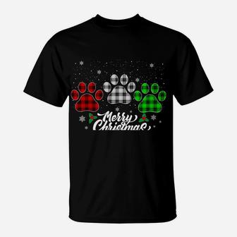 Merry Christmas Buffalo Plaid Shirt Red White Green Dog Paws T-Shirt | Crazezy DE