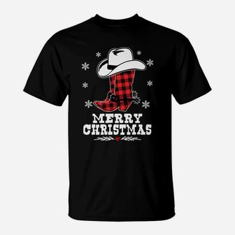 Merry Christmas Cowboy Boots Red Buffalo Plaid Western T-Shirt | Crazezy