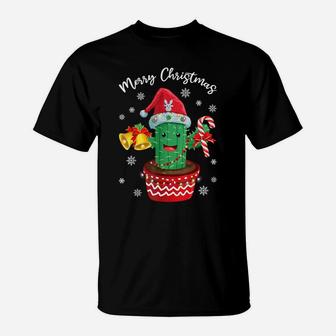 Merry Christmas Cute Cactus Santa Hat Candy Cane Funny Xmas T-Shirt | Crazezy CA