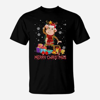 Merry Christmas Cute Christmas Lights Santa Reindeer Monkey T-Shirt | Crazezy CA