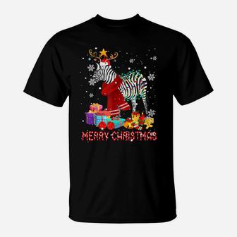 Merry Christmas Cute Christmas Lights Santa Reindeer Zebra T-Shirt | Crazezy