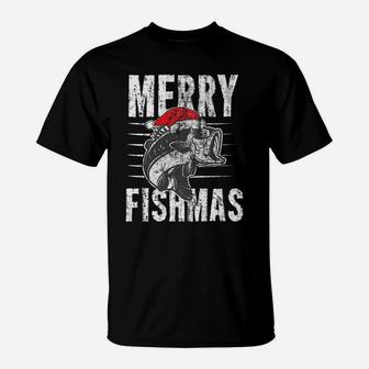 Merry Fishmas Funny Christmas Fishing Distressed Gift T-Shirt | Crazezy