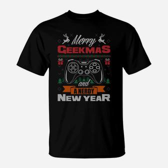 Merry Geekmas And A Nerdy New Year Ugly Christmas Sweater T-Shirt | Crazezy