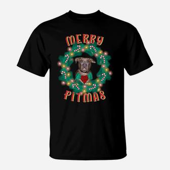 Merry Pitmas Pitbull Dog Christmas Candy Canes Glow Wreath Sweatshirt T-Shirt | Crazezy DE