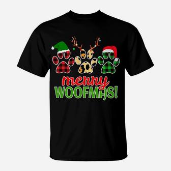 Merry Woofmas Dog Paw Christmas Buffalo Plaid Leopard Print T-Shirt | Crazezy UK