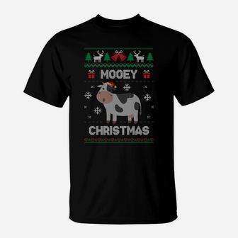 Mooey Christmas Cow Santa Claus Hat Ugly Christmas Sweater T-Shirt | Crazezy